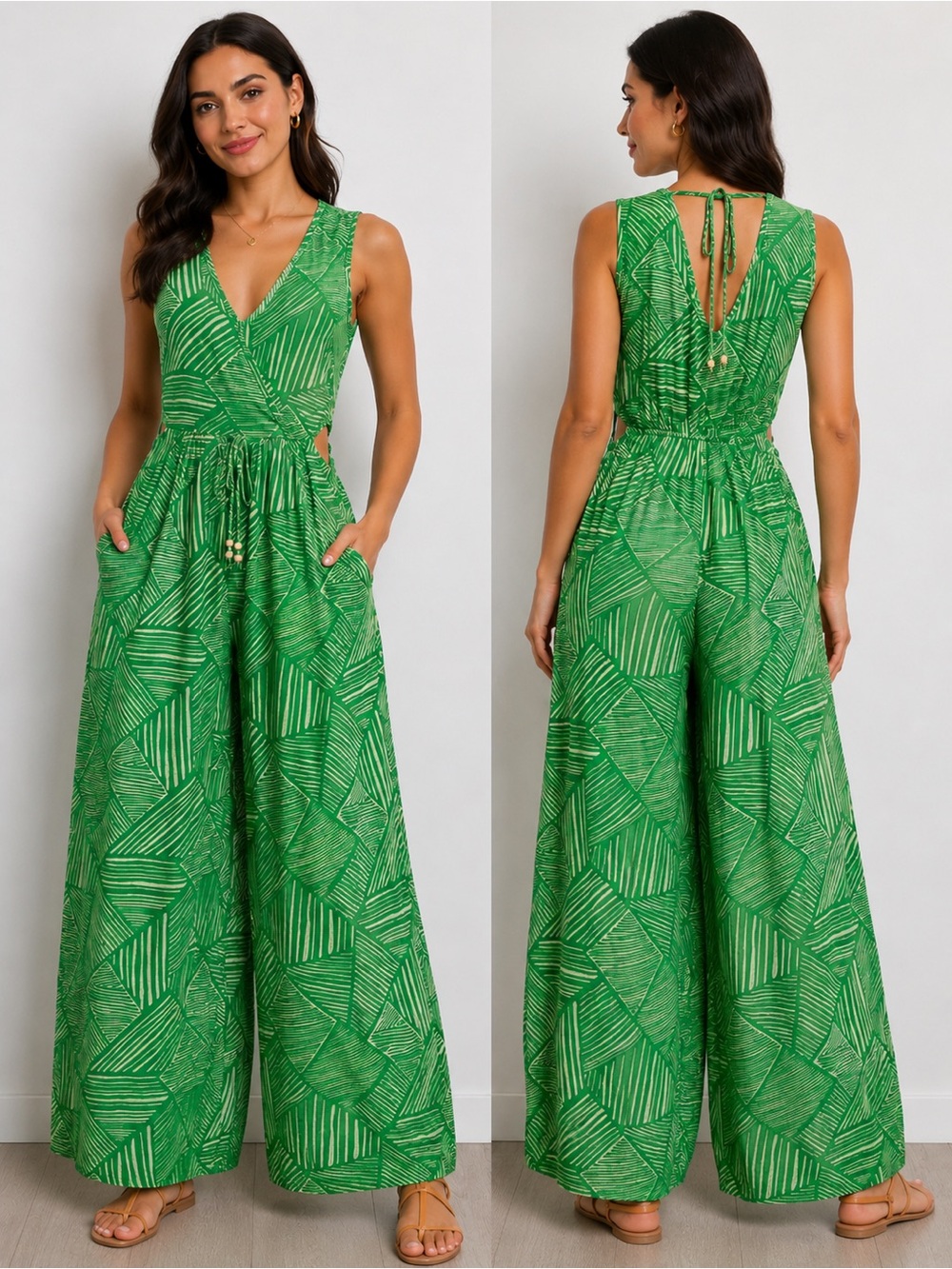 Green Printed V-Neck Wide-Leg Jumpsuit